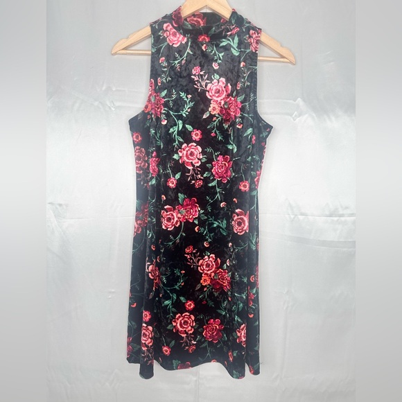 Floral Sleeveless Mock Neck Dress - Black and Pink Velvet feel size Large - Picture 1 of 8